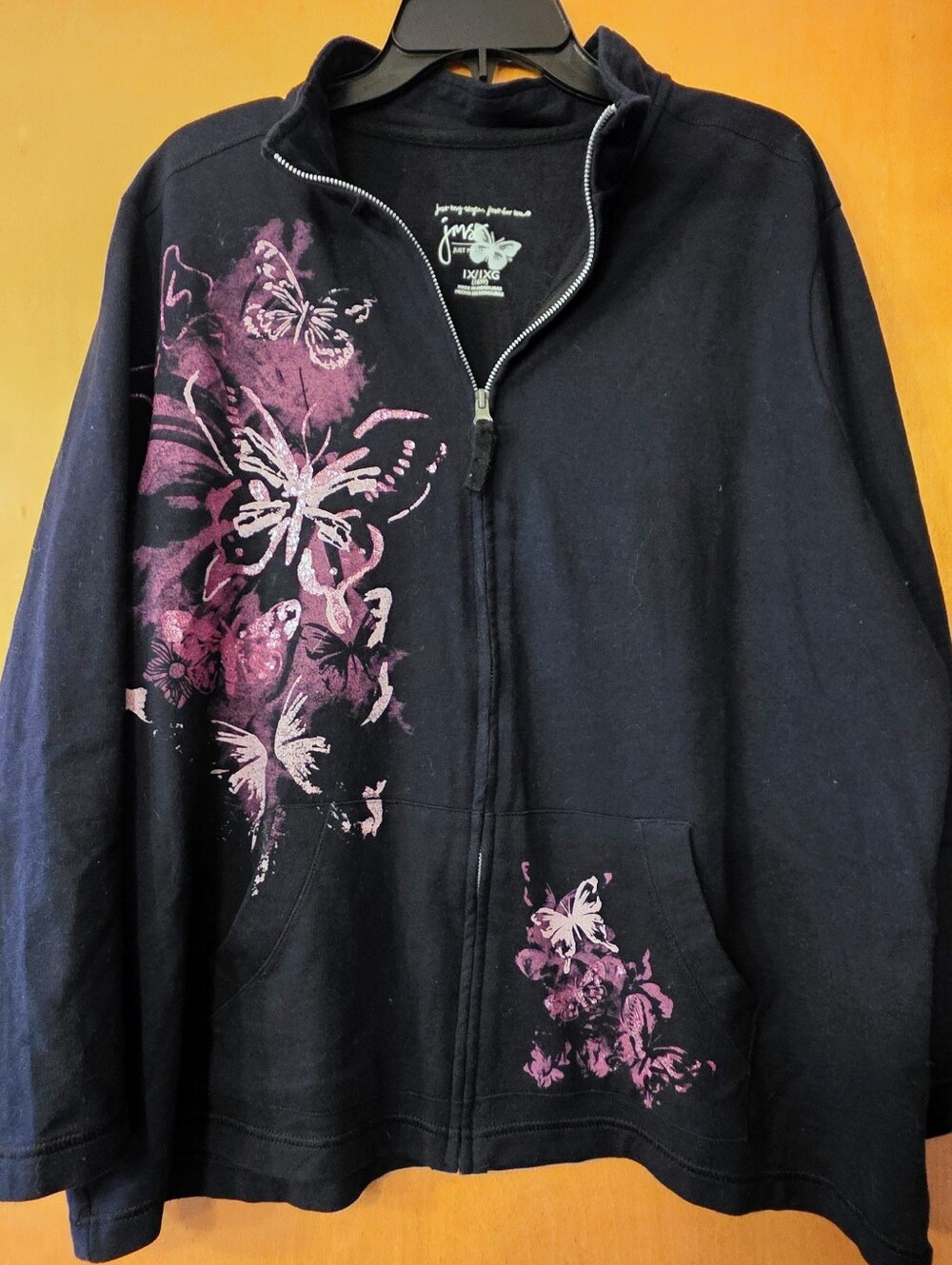 Black Full Zip Hoodie Purple Butterfly Graphic (Size 1X / 16w)